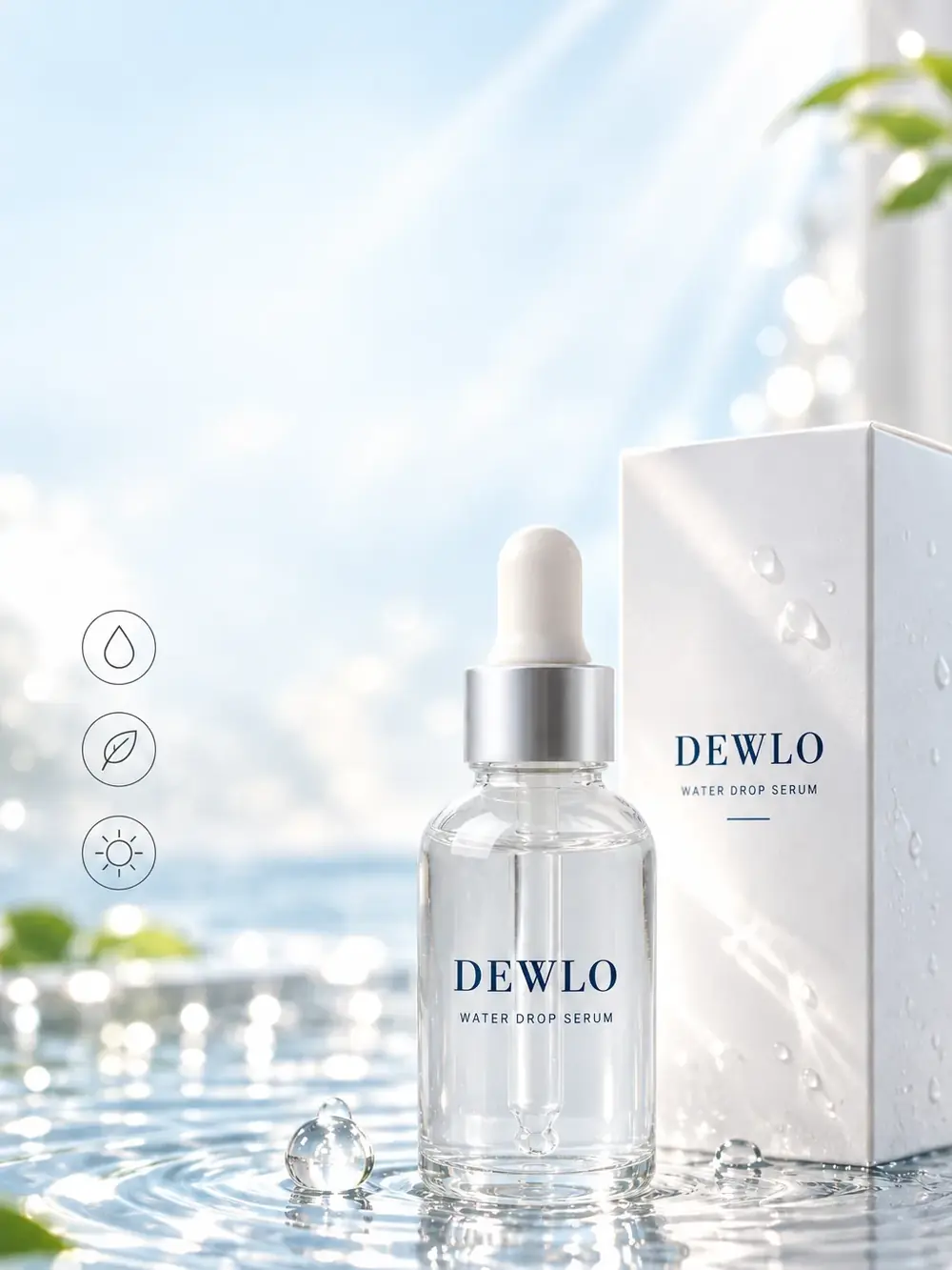 DEWLO WATER DROP SERUM 한 방울 로 시작하는 맑고 가벼운 아침 촉촉하게 흐르는 워터리 텍스처. 매일 부담 없이 꺼내 쓰는 데일리 세럼. DEWLO 워터 드롭 세럼 30 ml WATERY TEXTU
