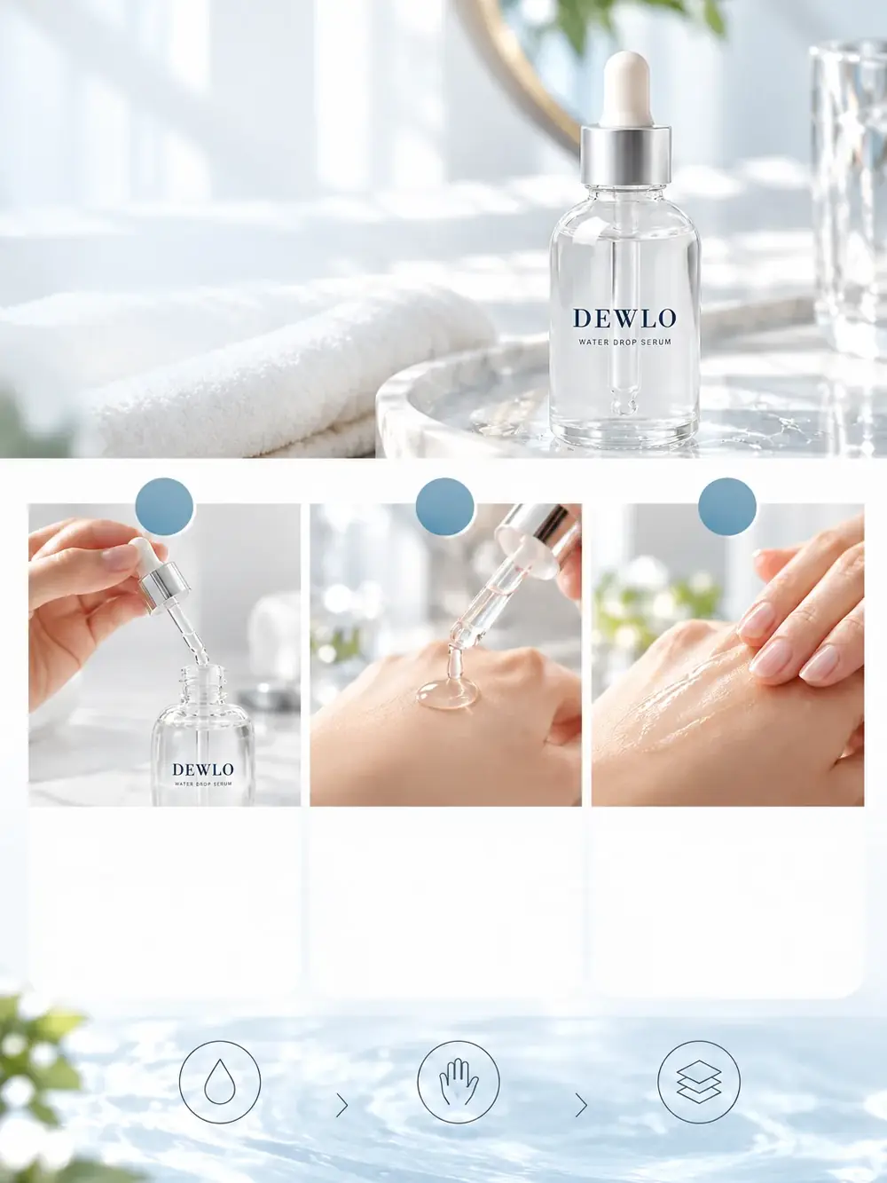 HOW TO USE 세 단계면 충분합니다 매일 사용하는 스킨케어 루틴에 간단하게 더해보세요. 01 스포이드 로 덜기 스포이드로 사용할 만큼 내용물을 덜어냅니다. 02 부드럽게 펴 바르기 손끝으로 피부에 고르